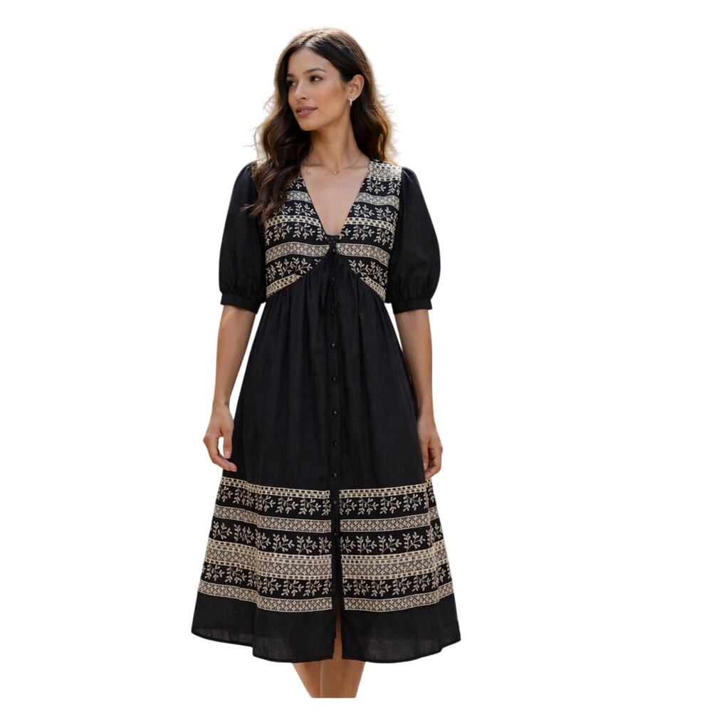 Loretta Caponi Scarlino Embroidered Dress in Black Multi XS